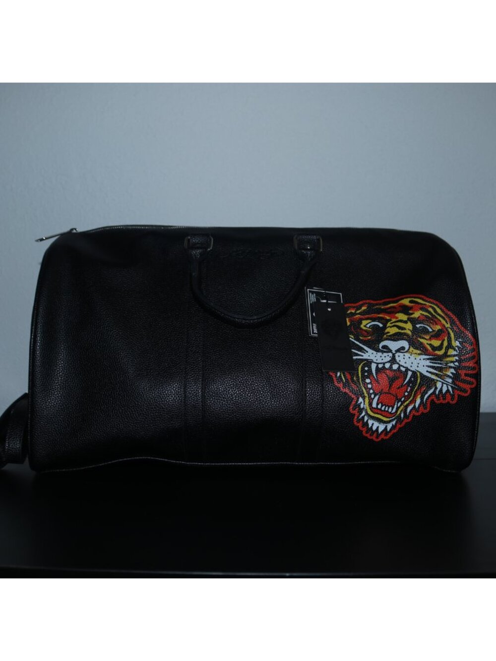 NWT Ed Hardy Unisex Graphic Y2K Leather Duffel Bag Black Orange Pebbled Texture